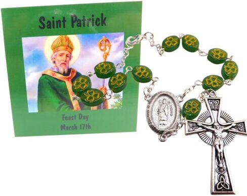 Westmon Works St Patrick Auto Rosary الكاثوليكية سحر السيارة لمرآة الرؤية الخلفية مجموعة الصلاة الأيرلندية ذات الخرز الزجاجي مع بطاقة شفيع سانت أيرلندا المقدسة in Saudi Arabia