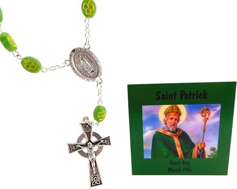 Westmon Works St Patrick Auto Rosary الكاثوليكية سحر السيارة لمرآة الرؤية الخلفية مجموعة الصلاة الأيرلندية ذات الخرز الزجاجي مع بطاقة شفيع سانت أيرلندا المقدسة in Saudi Arabia