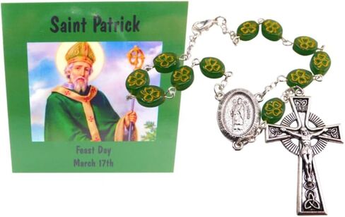 Westmon Works St Patrick Auto Rosary الكاثوليكية سحر السيارة لمرآة الرؤية الخلفية مجموعة الصلاة الأيرلندية ذات الخرز الزجاجي مع بطاقة شفيع سانت أيرلندا المقدسة in Saudi Arabia