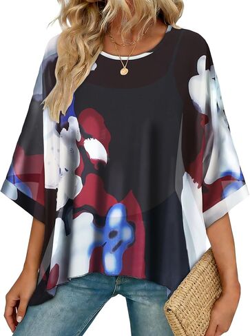CHICGAL Womens Beach Cover ups Chiffon Poncho Tops Batwing Sleeve Casual Loose Fit Summer Blouses in Saudi Arabia