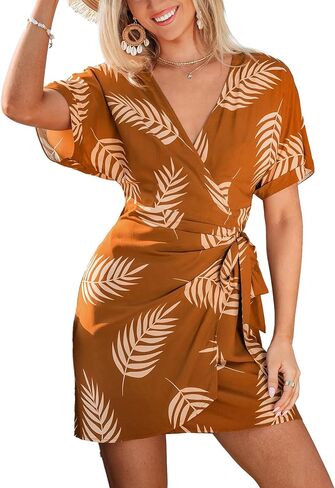CUPSHE Women Swimsuit Cover Ups Short Sleeve Wrap Tie Front V Neck Vacation Beach Coverup Mini Dress in Saudi Arabia