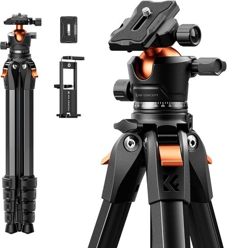 K&F CONCEPT 73" Aluminum Compact Camera Tripod, Portable Travel Tripod Compatible with iPhone, 22 lbs Capacity Arca Swiss Ball Head for DSLR Mirrorless, Laser Level, Hunting in Saudi Arabia