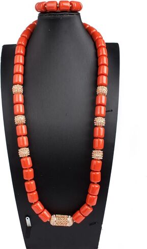 1Row مجموعات المجوهرات النيجيرية للرجال ، الخرز الراتنج البرتقالي ، مكتنزة متعدد الطبقات بيان المختنق قلادة ، الخرز الزفاف الأفريقي دون أقراط in Kuwait