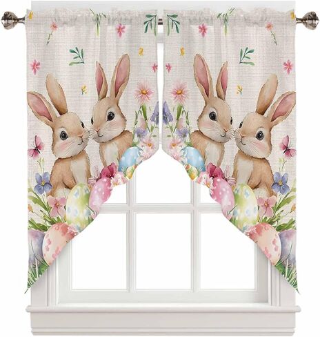 Easter Bunnys Colorful Eggs Swag Valances for Windows Rod Pocket Kitchen Window Curtains Over Sink, Spring Flower Kitchen Curtains Sets, Swag Curtains Valance for Living Room, 28''x36'' Set of 2 in Saudi Arabia