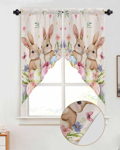 Easter Bunnys Colorful Eggs Swag Valances for Windows Rod Pocket Kitchen Window Curtains Over Sink, Spring Flower Kitchen Curtains Sets, Swag Curtains Valance for Living Room, 28''x36'' Set of 2 in Saudi Arabia