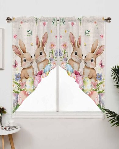 Easter Bunnys Colorful Eggs Swag Valances for Windows Rod Pocket Kitchen Window Curtains Over Sink, Spring Flower Kitchen Curtains Sets, Swag Curtains Valance for Living Room, 28''x36'' Set of 2 in Saudi Arabia