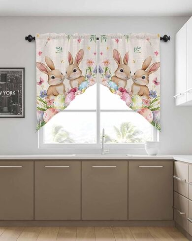 Easter Bunnys Colorful Eggs Swag Valances for Windows Rod Pocket Kitchen Window Curtains Over Sink, Spring Flower Kitchen Curtains Sets, Swag Curtains Valance for Living Room, 28''x36'' Set of 2 in Saudi Arabia