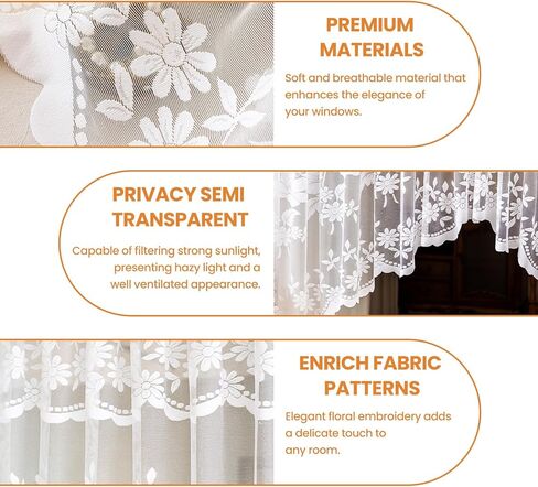 Window Treatment valances Curtain, White Lace Swag Valance Floral Embroidered Short Curtain for Bathroom, Kitchen, Living Room, Window Sill & Cabinet Decor 118" x 63" (300x160cm) in Saudi Arabia
