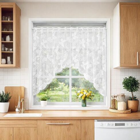 Window Treatment valances Curtain, White Lace Swag Valance Floral Embroidered Short Curtain for Bathroom, Kitchen, Living Room, Window Sill & Cabinet Decor 118" x 63" (300x160cm) in Saudi Arabia