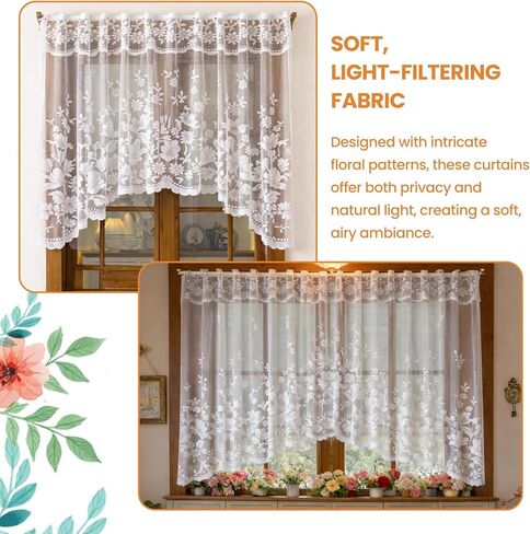 Window Treatment valances Curtain, White Lace Swag Valance Floral Embroidered Short Curtain for Bathroom, Kitchen, Living Room, Window Sill & Cabinet Decor 118" x 63" (300x160cm) in Saudi Arabia