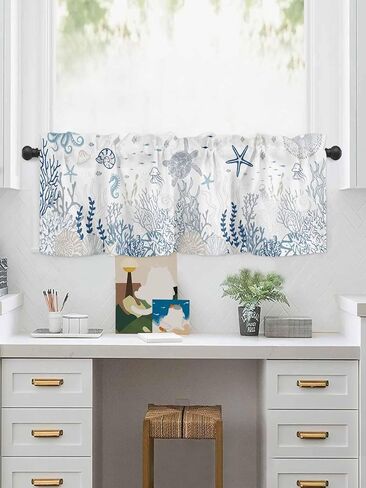 Valances for Windows Sea Turtle Window Valance Rod Pocket Coral Seaweed Starfish Jellyfish Window Treatment Decor Curtain for Kitchen Living Room Bedroom 54" x 18" in Saudi Arabia