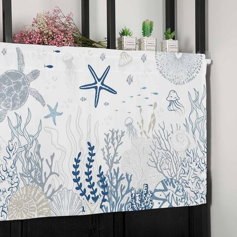 Valances for Windows Sea Turtle Window Valance Rod Pocket Coral Seaweed Starfish Jellyfish Window Treatment Decor Curtain for Kitchen Living Room Bedroom 54" x 18" in Saudi Arabia