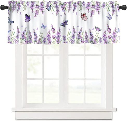 زهرة فراشة المطبخ الستارة الستارة الألوان المائية الطبيعة الأرجواني نبات الخزامى زهرة حالمة جميلة فراشة نافذة العلاج الستائر الستائر لغرفة المعيشة غرفة النوم، 54 × 18 بوصة 1P in Kuwait