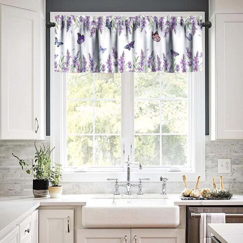 زهرة فراشة المطبخ الستارة الستارة الألوان المائية الطبيعة الأرجواني نبات الخزامى زهرة حالمة جميلة فراشة نافذة العلاج الستائر الستائر لغرفة المعيشة غرفة النوم، 54 × 18 بوصة 1P in Kuwait