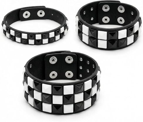3 قطع سوار فاسق مرصع باللون الأسود والأبيض للرجال والنساء، مجموعة سوار معصم قوطي من الجلد الصناعي قابل للتعديل، إكسسوارات مجوهرات Emo Rock Spiked لهدايا الهالوين اليومية in Kuwait