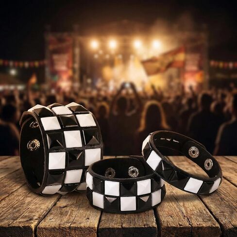 3 قطع سوار فاسق مرصع باللون الأسود والأبيض للرجال والنساء، مجموعة سوار معصم قوطي من الجلد الصناعي قابل للتعديل، إكسسوارات مجوهرات Emo Rock Spiked لهدايا الهالوين اليومية in Kuwait