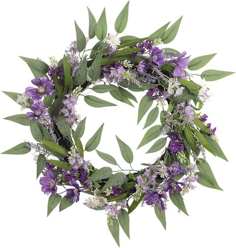 25-Inch Spring Wreaths for Front Door Lavender Wreath Purple Flower Wreath with Daisy, Artificial Wildflowers Greenery Leaves Summer Wreath Door Wreath for Porch Wall Window Indoor Outdoor Home Decor in Saudi Arabia