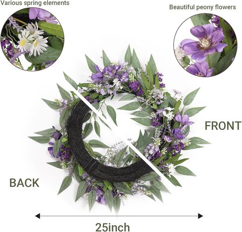 25-Inch Spring Wreaths for Front Door Lavender Wreath Purple Flower Wreath with Daisy, Artificial Wildflowers Greenery Leaves Summer Wreath Door Wreath for Porch Wall Window Indoor Outdoor Home Decor in Saudi Arabia