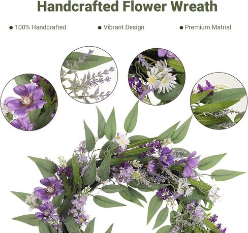 25-Inch Spring Wreaths for Front Door Lavender Wreath Purple Flower Wreath with Daisy, Artificial Wildflowers Greenery Leaves Summer Wreath Door Wreath for Porch Wall Window Indoor Outdoor Home Decor in Saudi Arabia