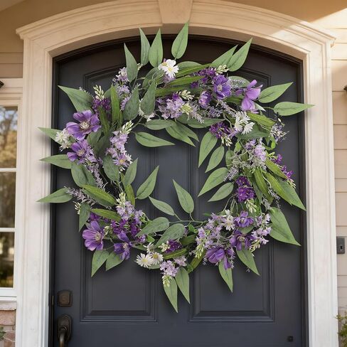 25-Inch Spring Wreaths for Front Door Lavender Wreath Purple Flower Wreath with Daisy, Artificial Wildflowers Greenery Leaves Summer Wreath Door Wreath for Porch Wall Window Indoor Outdoor Home Decor in Saudi Arabia