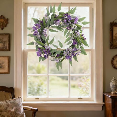 25-Inch Spring Wreaths for Front Door Lavender Wreath Purple Flower Wreath with Daisy, Artificial Wildflowers Greenery Leaves Summer Wreath Door Wreath for Porch Wall Window Indoor Outdoor Home Decor in Saudi Arabia