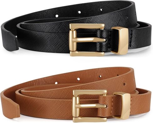 LEACOOLKEY 2 Pack Women's Leather Belts Skinny Waist Belt for Dress Jeans Fashion Ladies Thin Belts in Saudi Arabia