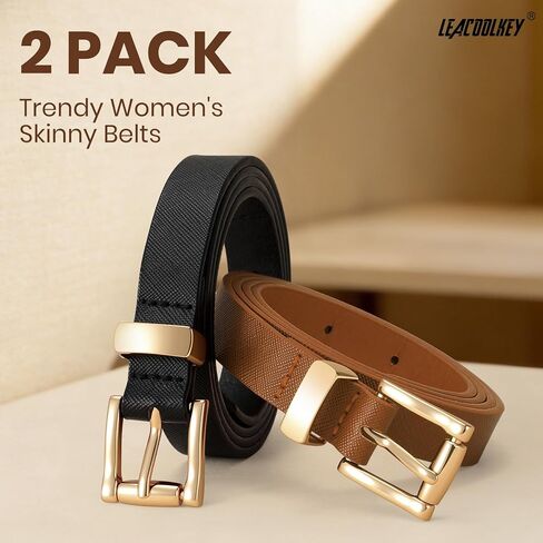 LEACOOLKEY 2 Pack Women's Leather Belts Skinny Waist Belt for Dress Jeans Fashion Ladies Thin Belts in Saudi Arabia