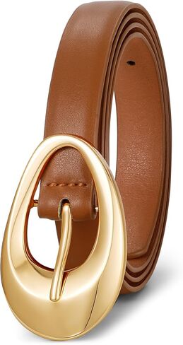 Women Faux Leather Belt for Jeans Pants Fashion Ladies Thin Waist Belt with Gold Oval Buckle in Saudi Arabia
