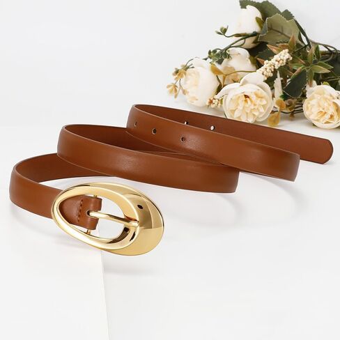 Women Faux Leather Belt for Jeans Pants Fashion Ladies Thin Waist Belt with Gold Oval Buckle in Saudi Arabia