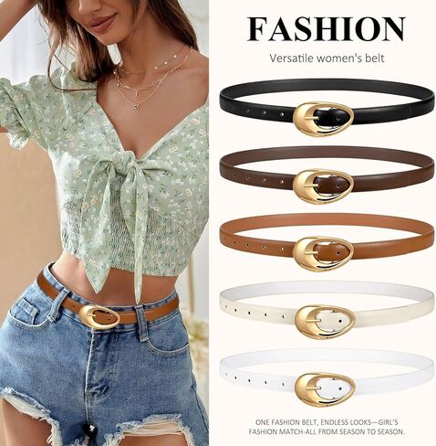 Women Faux Leather Belt for Jeans Pants Fashion Ladies Thin Waist Belt with Gold Oval Buckle in Saudi Arabia