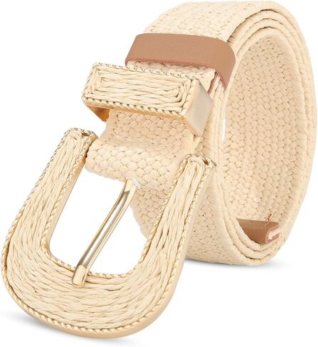 AWAYTR Womens Straw Woven Belt - Boho Elastic Belt with Hand-Glued Raffia Buckle for Vacation Work Daily in Saudi Arabia