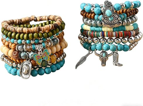 15Pcs Western Turquoise Bracelets for Women Cowgirl Tribal Jewelry Adjustable Hat Butterfly Boots Cow Hrad Stretch Bracelet in Saudi Arabia