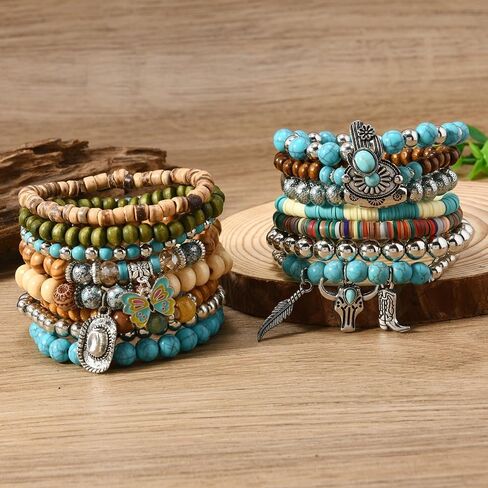 15Pcs Western Turquoise Bracelets for Women Cowgirl Tribal Jewelry Adjustable Hat Butterfly Boots Cow Hrad Stretch Bracelet in Saudi Arabia