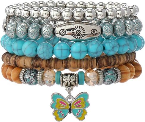 15Pcs Western Turquoise Bracelets for Women Cowgirl Tribal Jewelry Adjustable Hat Butterfly Boots Cow Hrad Stretch Bracelet in Saudi Arabia