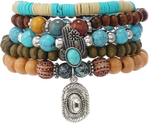 15Pcs Western Turquoise Bracelets for Women Cowgirl Tribal Jewelry Adjustable Hat Butterfly Boots Cow Hrad Stretch Bracelet in Saudi Arabia