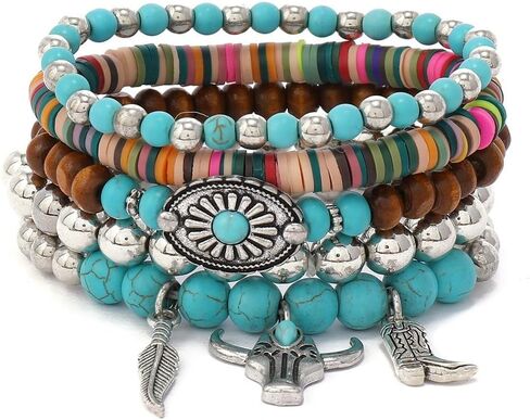 15Pcs Western Turquoise Bracelets for Women Cowgirl Tribal Jewelry Adjustable Hat Butterfly Boots Cow Hrad Stretch Bracelet in Saudi Arabia
