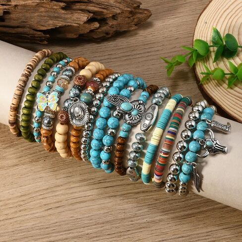 15Pcs Western Turquoise Bracelets for Women Cowgirl Tribal Jewelry Adjustable Hat Butterfly Boots Cow Hrad Stretch Bracelet in Saudi Arabia