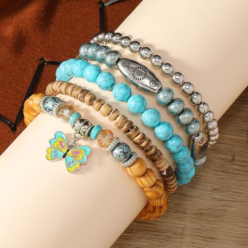 15Pcs Western Turquoise Bracelets for Women Cowgirl Tribal Jewelry Adjustable Hat Butterfly Boots Cow Hrad Stretch Bracelet in Saudi Arabia