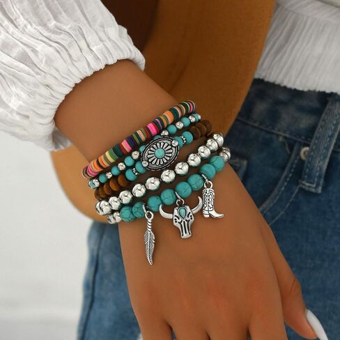 15Pcs Western Turquoise Bracelets for Women Cowgirl Tribal Jewelry Adjustable Hat Butterfly Boots Cow Hrad Stretch Bracelet in Saudi Arabia