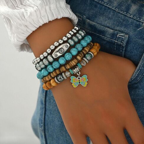 15Pcs Western Turquoise Bracelets for Women Cowgirl Tribal Jewelry Adjustable Hat Butterfly Boots Cow Hrad Stretch Bracelet in Saudi Arabia