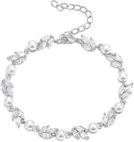 EleQueen Dainty Bridal Pearl Crystal Bracelet for Women, Charming Rhinestone Wedding Costume Party Bracelet for Bride Bridesmaid White Silver-Tone in Saudi Arabia