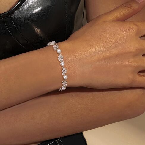 EleQueen Dainty Bridal Pearl Crystal Bracelet for Women, Charming Rhinestone Wedding Costume Party Bracelet for Bride Bridesmaid White Silver-Tone in Saudi Arabia