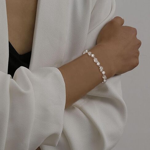 EleQueen Dainty Bridal Pearl Crystal Bracelet for Women, Charming Rhinestone Wedding Costume Party Bracelet for Bride Bridesmaid White Silver-Tone in Saudi Arabia