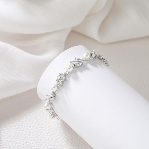 EleQueen Dainty Bridal Pearl Crystal Bracelet for Women, Charming Rhinestone Wedding Costume Party Bracelet for Bride Bridesmaid White Silver-Tone in Saudi Arabia