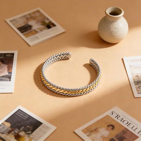 Gold and Silver Bracelets for Women Two Tone Braided Cuff Bangle Mixed Metal Statement Bracelet Fashion Jewelry in Saudi Arabia