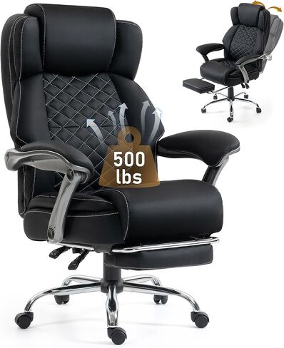 كرسي مكتب DYHOME بوزن 500 رطل مع مسند للقدمين، كرسي مكتب مريح كبير وطويل القامة مع دعم قطني ووسادة زنبركية للجيب، كرسي كمبيوتر عالي الظهر، بولي يوريثان، وسادة مقعد أكثر سمكًا (أسود) in Kuwait