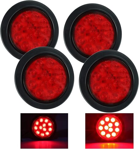 4 قطع 4 بوصات مصابيح LED حمراء مستديرة، مصابيح خلفية للمقطورة، قابس جروميت 12 مصباح LED مضاد للماء لإشارة إيقاف الانعطاف، أضواء مقطورة الفرامل لجرار شاحنة حافلة شاحنات جيب RV in Kuwait