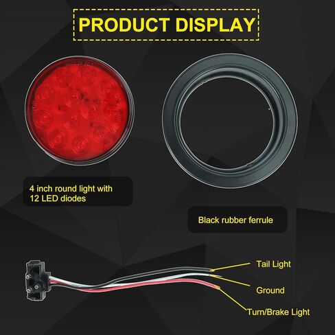 4 قطع 4 بوصات مصابيح LED حمراء مستديرة، مصابيح خلفية للمقطورة، قابس جروميت 12 مصباح LED مضاد للماء لإشارة إيقاف الانعطاف، أضواء مقطورة الفرامل لجرار شاحنة حافلة شاحنات جيب RV in Kuwait