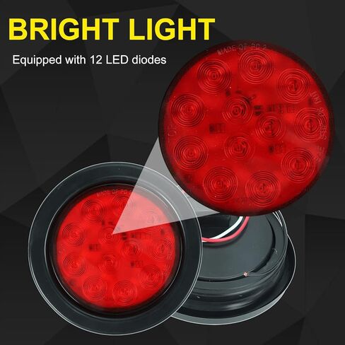 4 قطع 4 بوصات مصابيح LED حمراء مستديرة، مصابيح خلفية للمقطورة، قابس جروميت 12 مصباح LED مضاد للماء لإشارة إيقاف الانعطاف، أضواء مقطورة الفرامل لجرار شاحنة حافلة شاحنات جيب RV in Kuwait