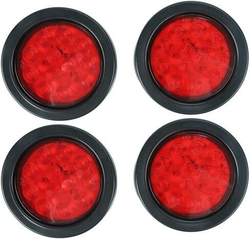 4 قطع 4 بوصات مصابيح LED حمراء مستديرة، مصابيح خلفية للمقطورة، قابس جروميت 12 مصباح LED مضاد للماء لإشارة إيقاف الانعطاف، أضواء مقطورة الفرامل لجرار شاحنة حافلة شاحنات جيب RV in Kuwait